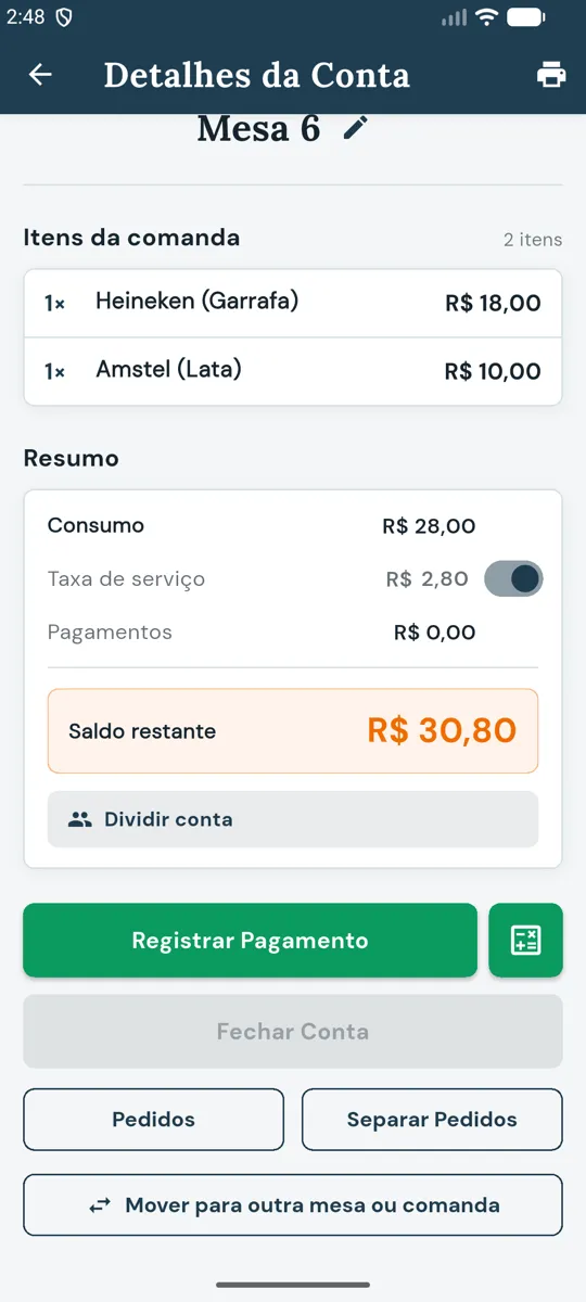 Detalhes da Conta da mesa 6