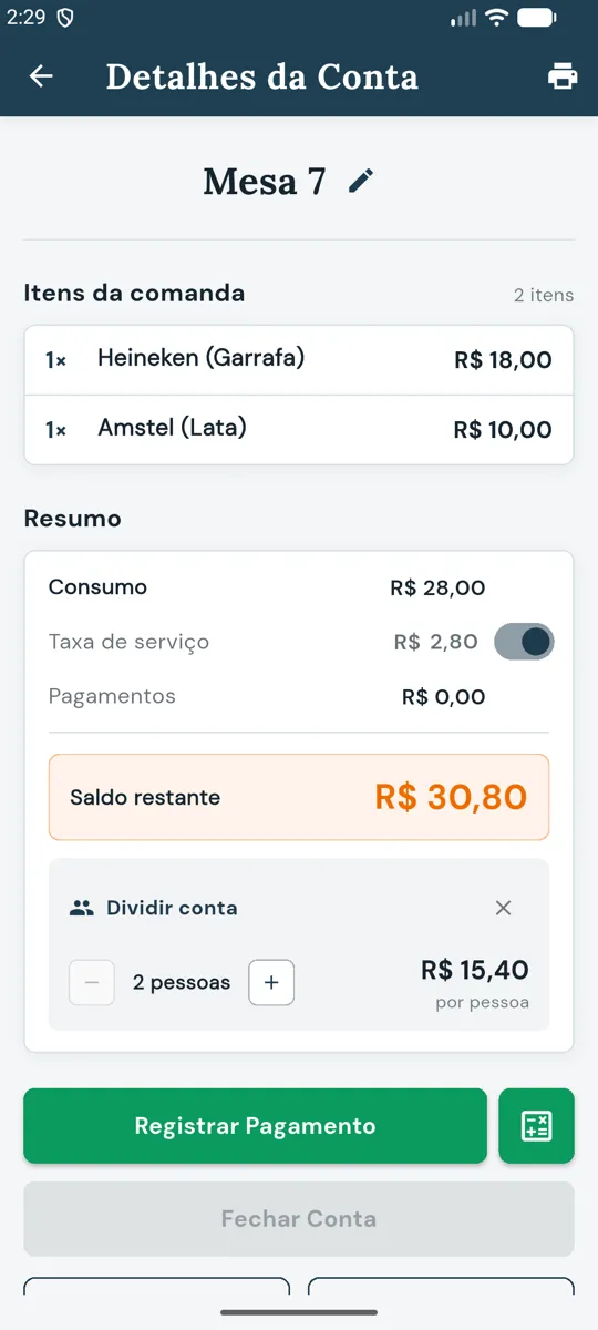 Dividir conta em 2 pessoas, R$ 15,40 por pessoa