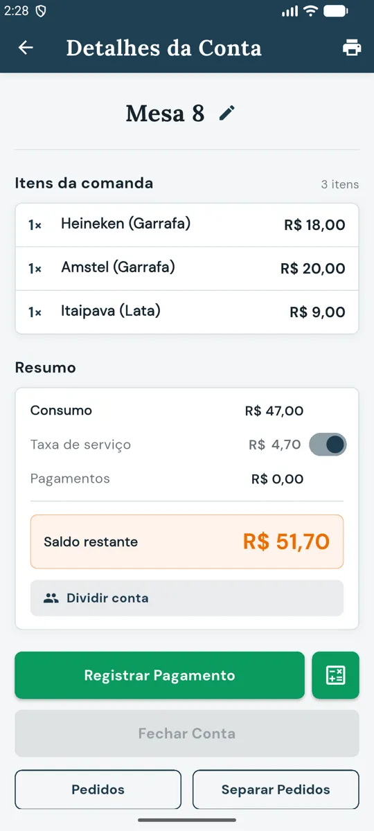Detalhes da Conta da mesa 8 com três itens e saldo restante de R$ 51,70