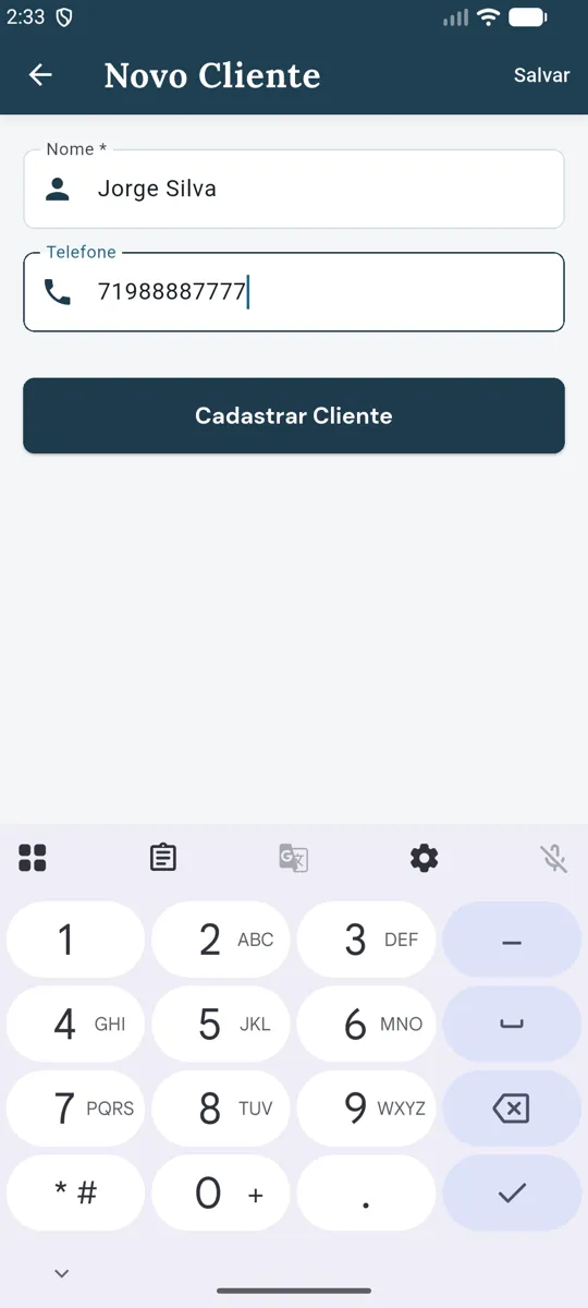 Novo Cliente com nome e telefone preenchidos