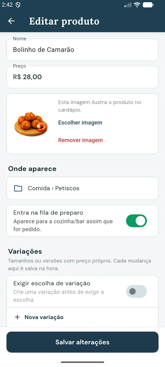 Editar produto do Bolinho de Camarão com Entra na fila de preparo ligado