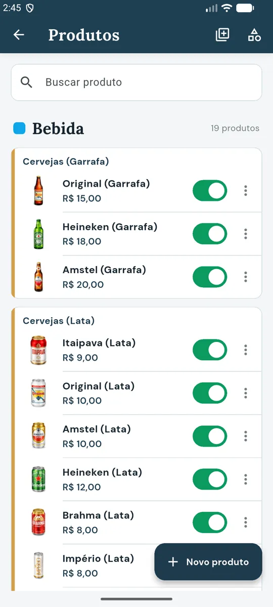 Lista de Produtos com as chaves de cardápio e o botão Novo produto