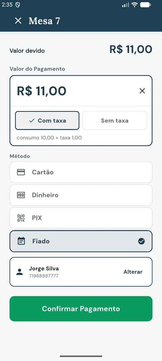 Pagamento de R$ 11,00 no Fiado com o cliente Jorge Silva escolhido