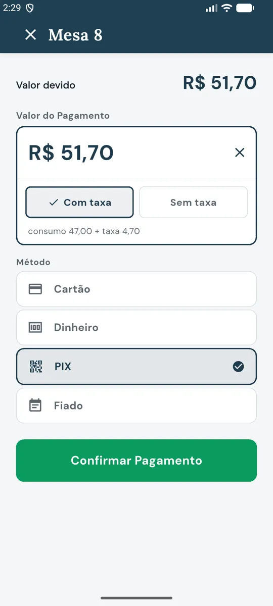 Tela de pagamento com R$ 51,70, Com taxa marcado e PIX escolhido