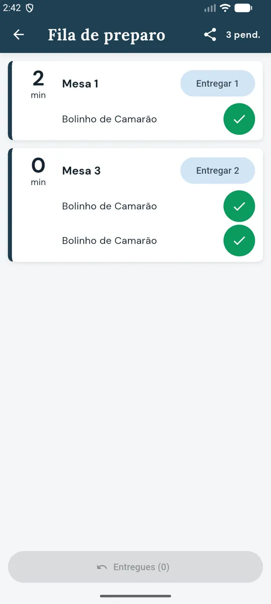 Fila de preparo com a mesa 1 há 2 minutos e a mesa 3 com dois bolinhos