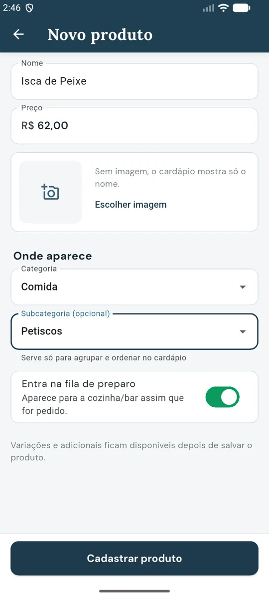 Novo produto Isca de Peixe, R$ 62,00, em Comida › Petiscos, com a fila de preparo ligada