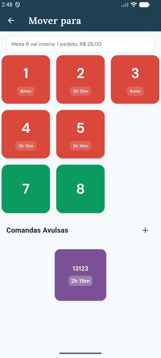 Mover para: mesa 6 vai inteira, com as mesas de destino