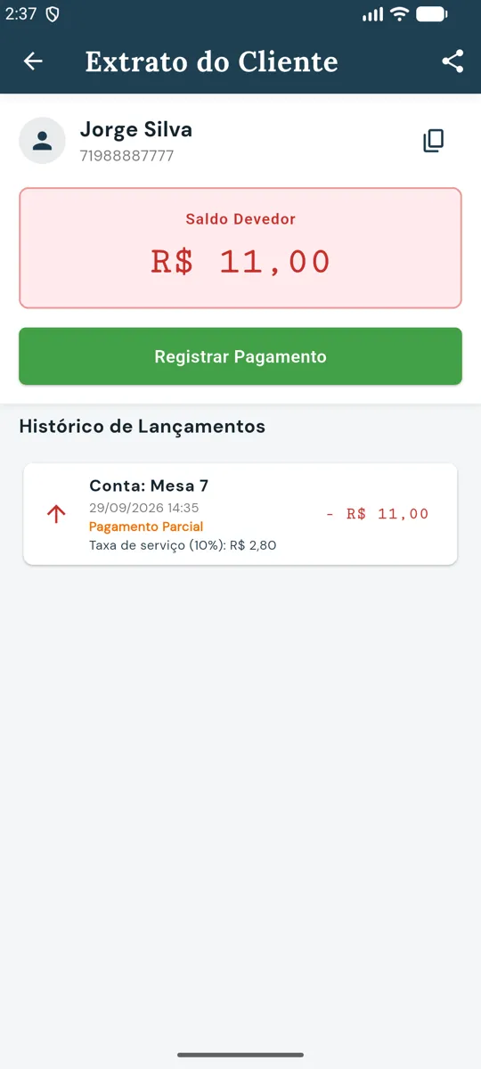 Extrato do Cliente com saldo devedor de R$ 11,00