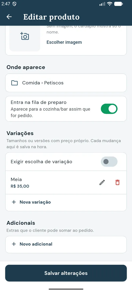 Editar produto com a variação Meia a R$ 35,00 e a seção Adicionais