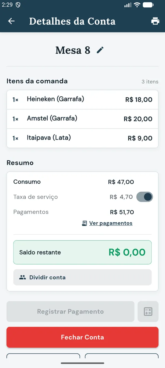 Detalhes da Conta com saldo zerado e o botão Fechar Conta liberado