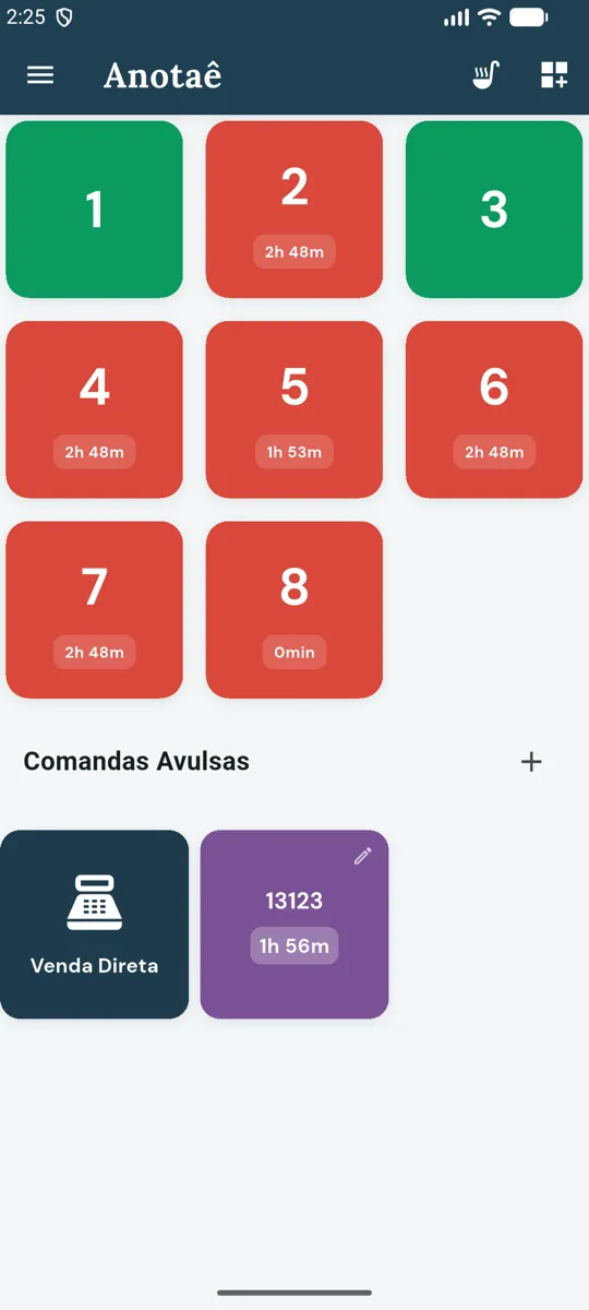 Mesa 8 agora vermelha, aberta há 0 minutos