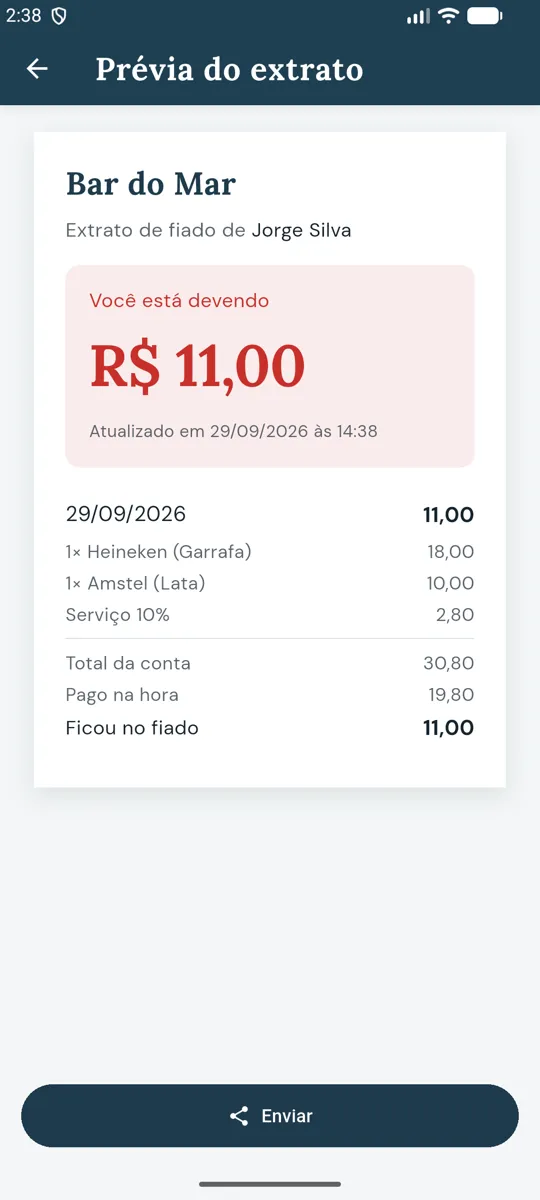 Prévia do extrato do Bar do Mar: você está devendo R$ 11,00, com os itens e o que ficou no fiado