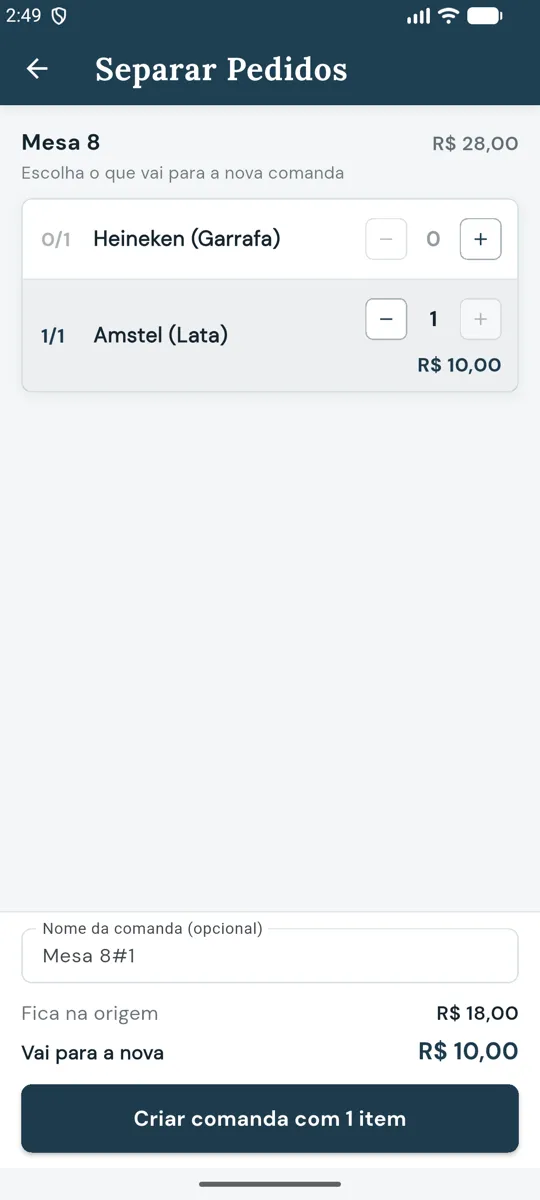 Separar Pedidos com a Amstel indo para uma nova comanda de R$ 10,00