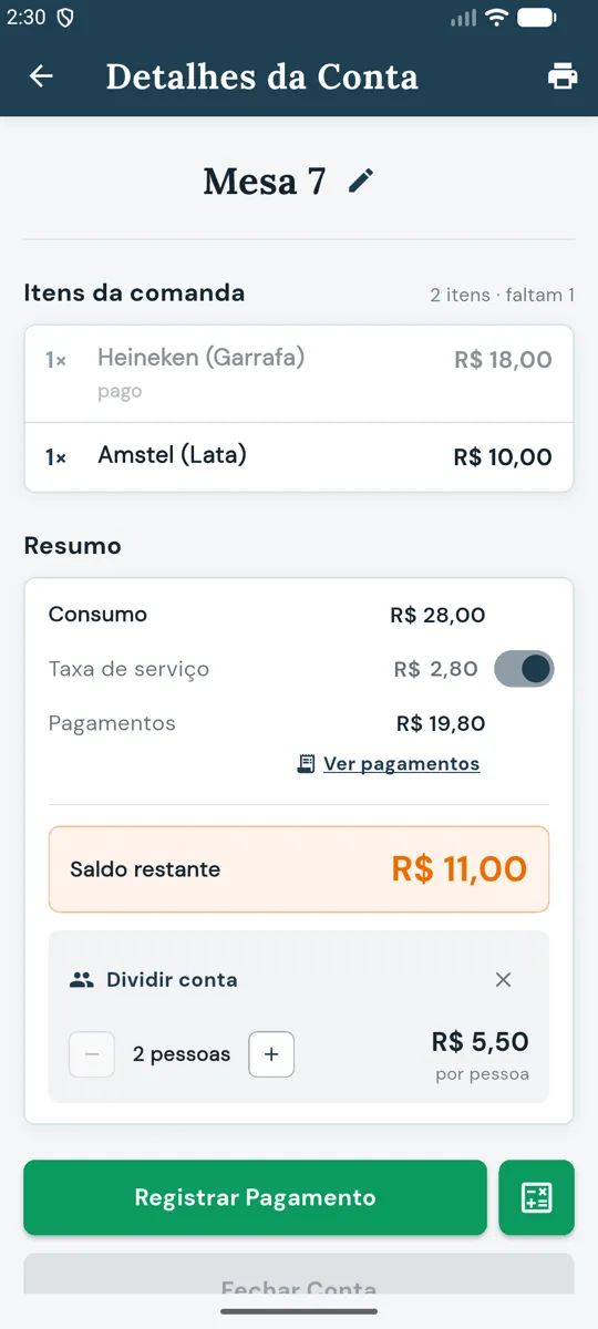 Detalhes da Conta com a Heineken paga e saldo restante de R$ 11,00